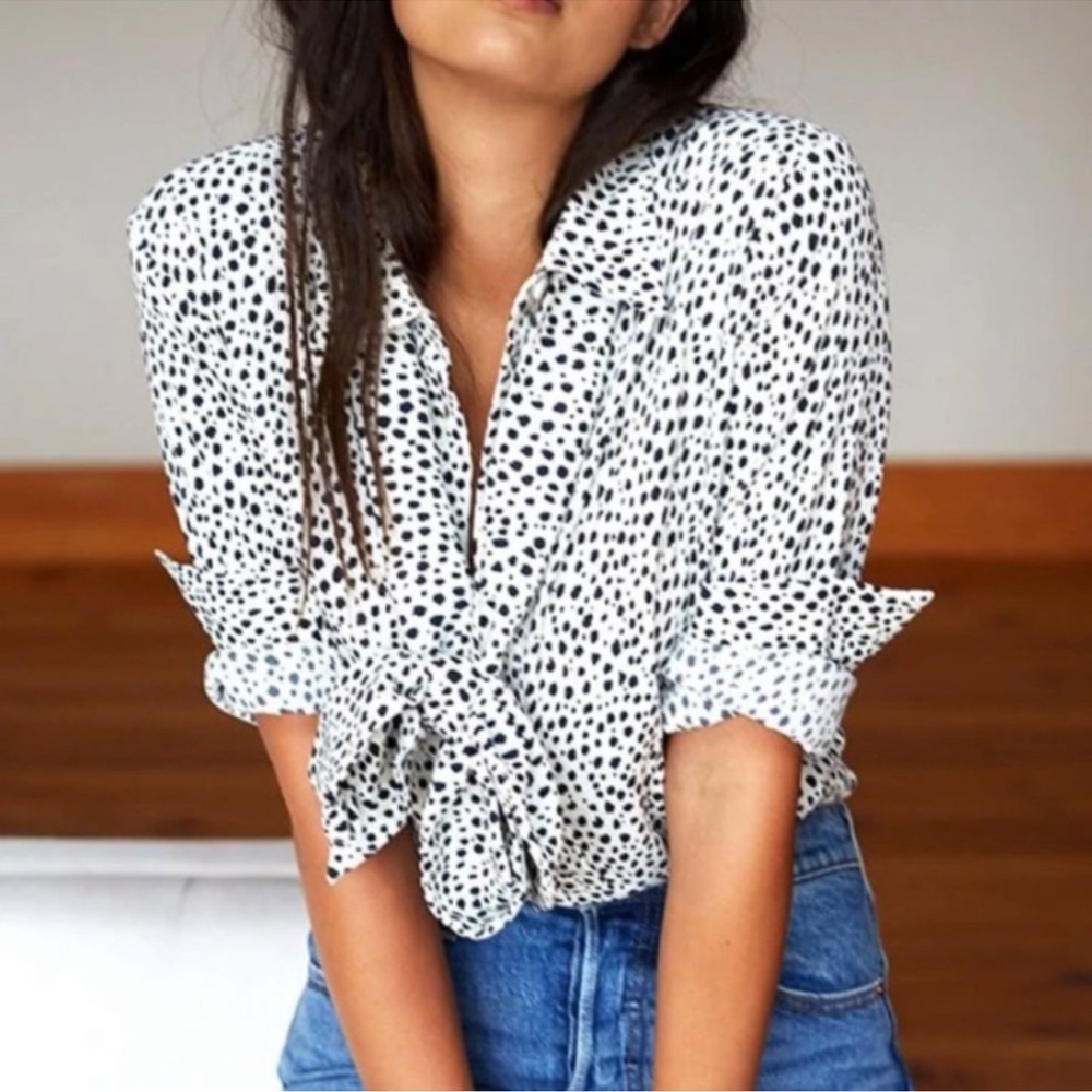 Emerson Fry Button Down Top Womens XS Ribbons Blouse Quiet Luxury Flowy Preppy